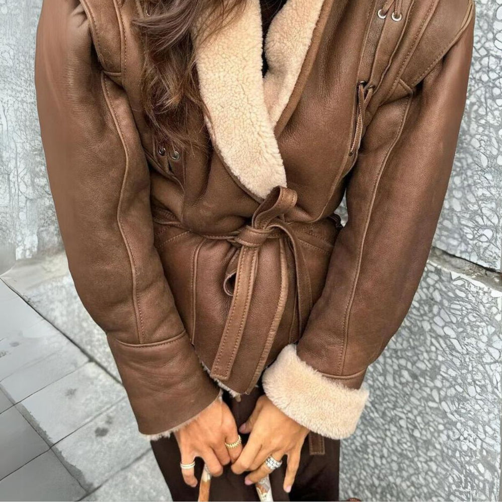 Warm Women's Streetwear Style Jacket with Belted Waist