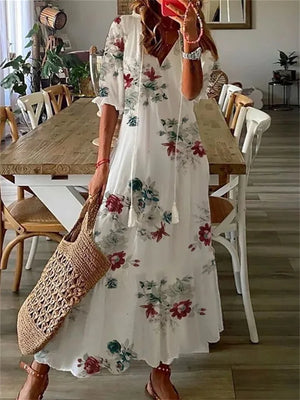 Women’s Floral Maxi Dress – Lightweight, V-Neck, Casual Fit