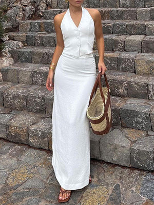 Classic White Halter Two-Piece Maxi Skirt Set