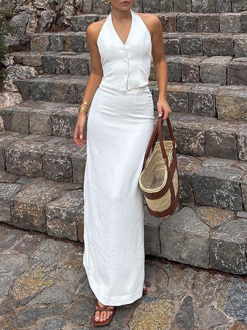 Classic White Halter Two-Piece Maxi Skirt Set