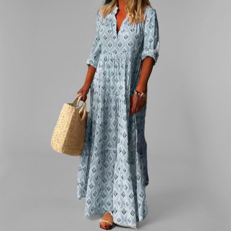 Women's Cotton Maxi Dress – Vintage Print, Loose Fit