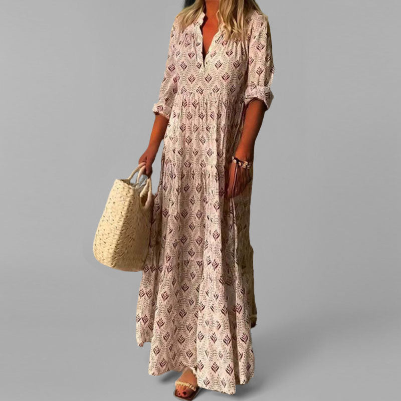 Women's Cotton Maxi Dress – Vintage Print, Loose Fit
