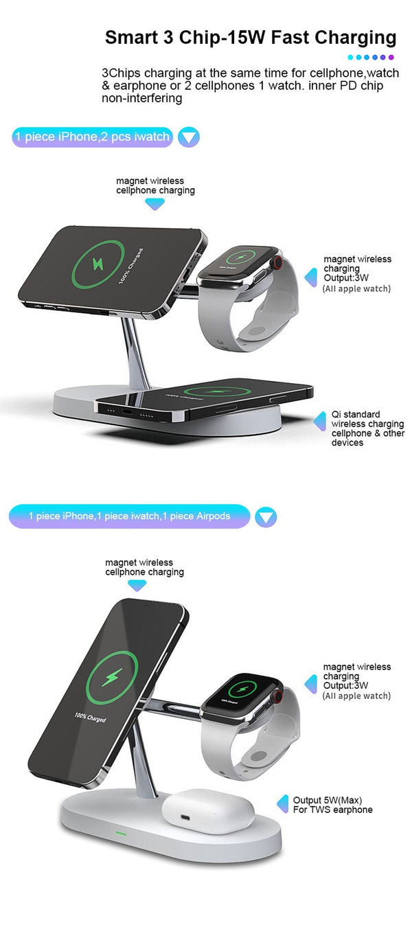 3-in-1 Charger Stand – Fast Wireless Charging for iPhone, Watch & AirPods