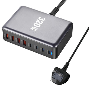 High-Speed 320W GaN Charger with 8 USB-C/USB Ports