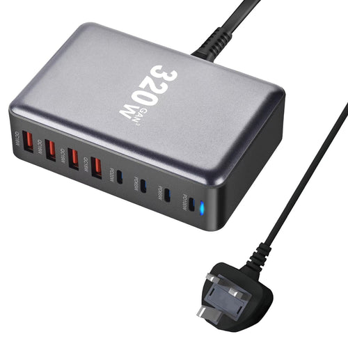 High-Speed 320W GaN Charger with 8 USB-C/USB Ports