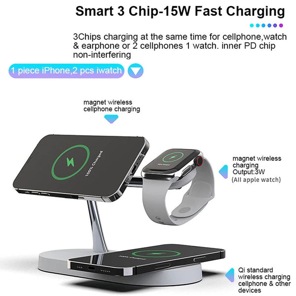 3-in-1 Charger Stand – Fast Wireless Charging for iPhone, Watch & AirPods