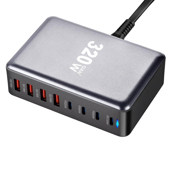 High-Speed 320W GaN Charger with 8 USB-C/USB Ports