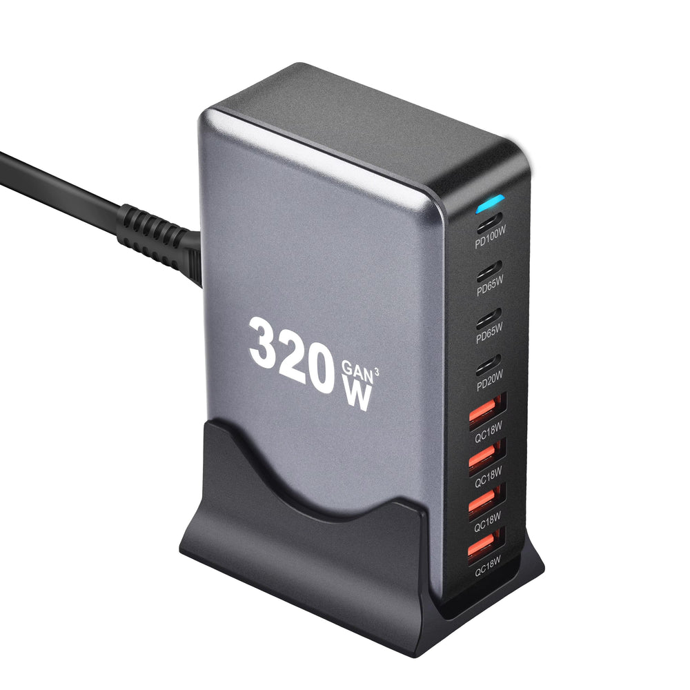 High-Speed 320W GaN Charger with 8 USB-C/USB Ports